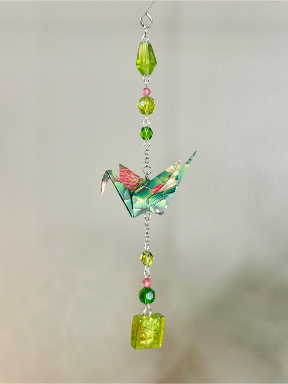 Origami Ornament #2467 - Small Crane with Repurposed Glass Beads